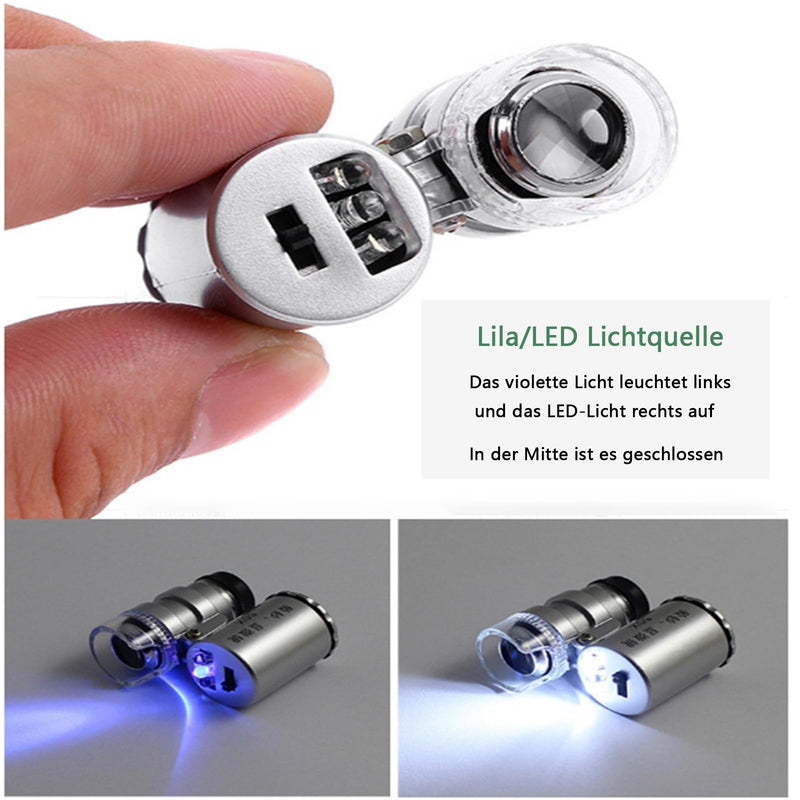 Mini Microscope, 60x Mini Pocket Microscope, Jeweler's Magnifier 60x | Pocket magnifying glass with LED and UV light function, for jewelers, adjustable magnifying glass with UV light