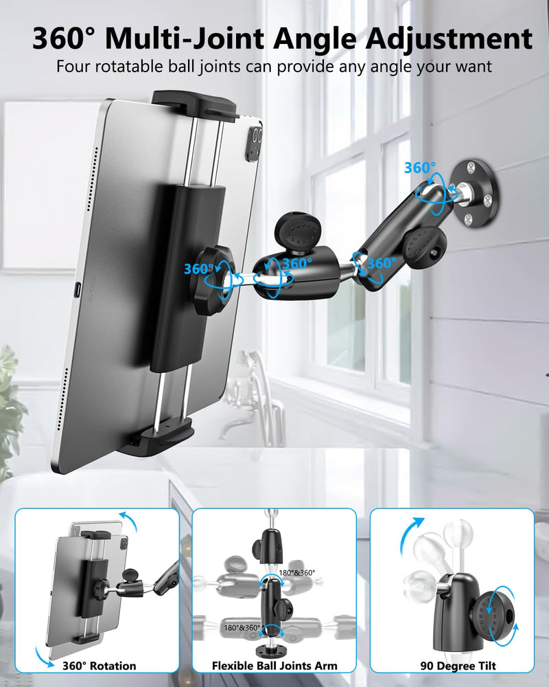 Bathroom Tablet Wall Holder, [Retractable & Rotatable Arm] Sturdy Tablet Wall Mount, Heavy Duty Soak Wall Stand for iPad Pro 13 12.9 Air Mini, Galexy Tab/Z Fold, iPhone, 4-13" Tablets