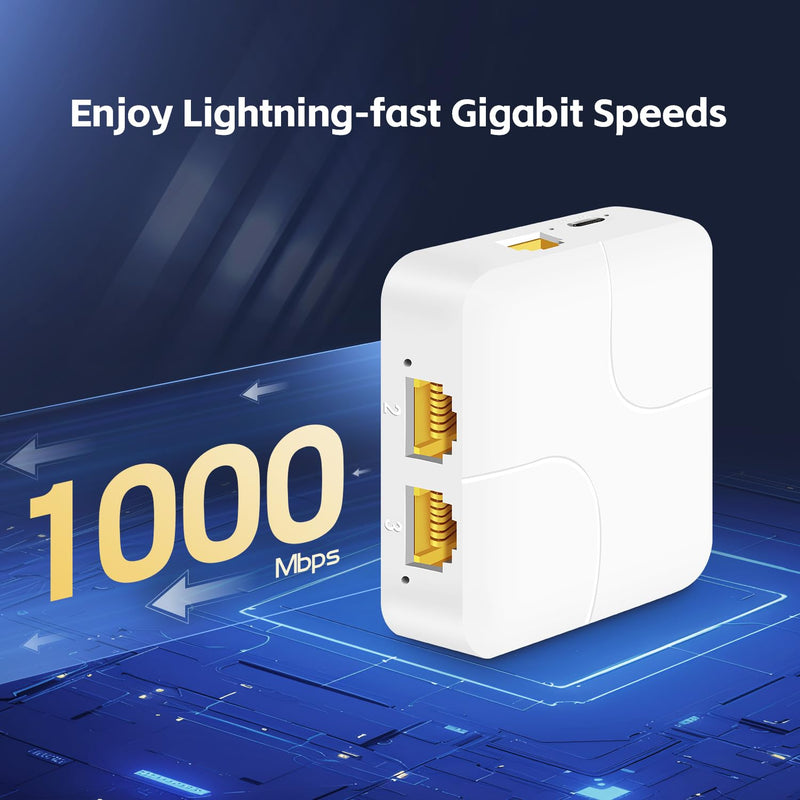 1 to 4 Gigabit Ethernet Splitter, 100/1000Mbps, Network Hub RJ45 Internet LAN Splitter with USB Cable, for Cat5/5e/6/7/8 Cables