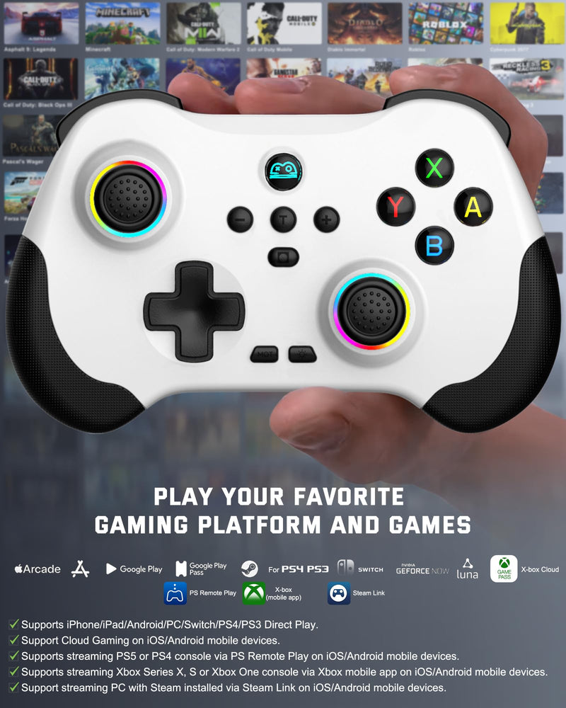 Joso Mobile Gaming Controller for iPad/iPhone/Tablet, Cloud Controller Remote Joystick for iOS/Android, Wireless Switch Controller with Macro Buttons/Hall-Rocker/Hall-Trigger - White