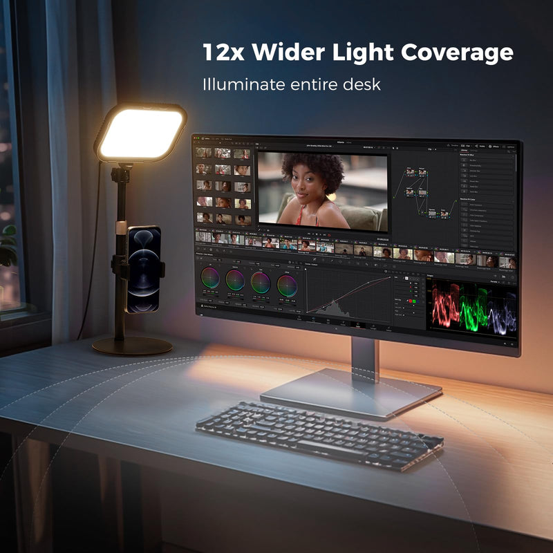 Desk Light for Video Calls with Stand, 360° Rotate Zoom Lighting for Computer, CCT 3000K-6500K Adjustable, Full-Screen Desk Ring Light with Phone Holder for Webcam, Meeting, Live Streaming, Podcast