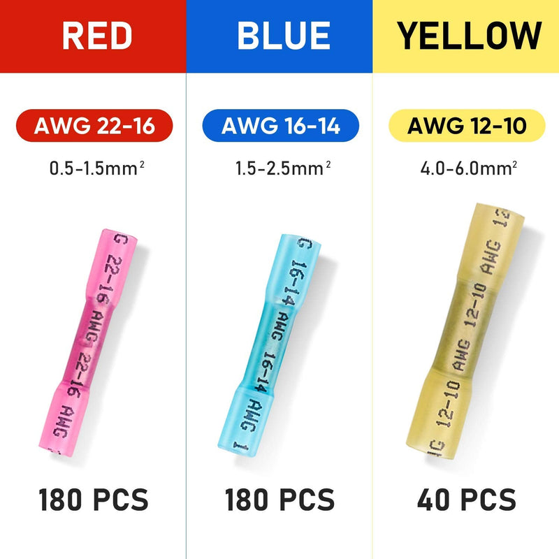 TICONN 400PCS Heat Shrink Butt Wire Connector Kit, Insulated Waterproof Electrical Wire Crimp Terminals Butt Splice for Marine Automotive (400PCS) Mix 400 PCS