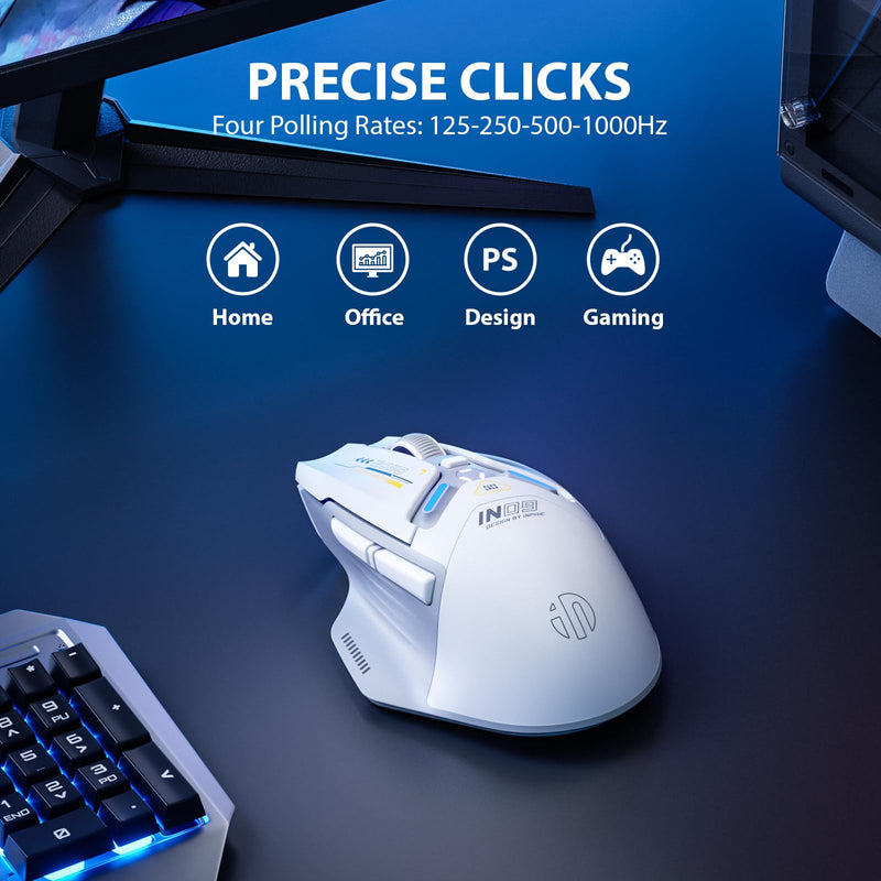 INPHIC IN9 Wireless Gaming Mouse, True Tri-Mode Bluetooth/Type-CWired/2.4G Wireless Mouse, 10000 DPl, Fully Programmable, RGB Backlit, Rechargeable Wireless Computer Mouse for Laptop PC Mac-White-Gray Gray