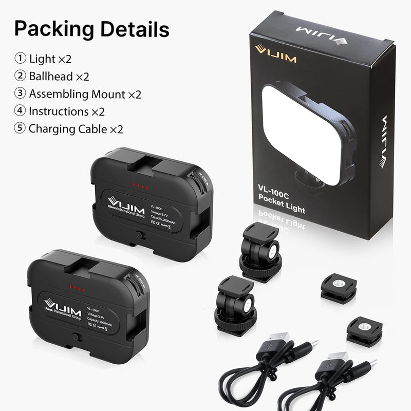 2 Pack VIJIM VL100C Bi-Color LED Video Light on Camera,Mini Rechargeable 2000mAh LED Camera Lights,CRI95+ Dimmable 2500-6500K Ultra Bright Photo and Video Lighting,LED Fill Lamp VL100C*2