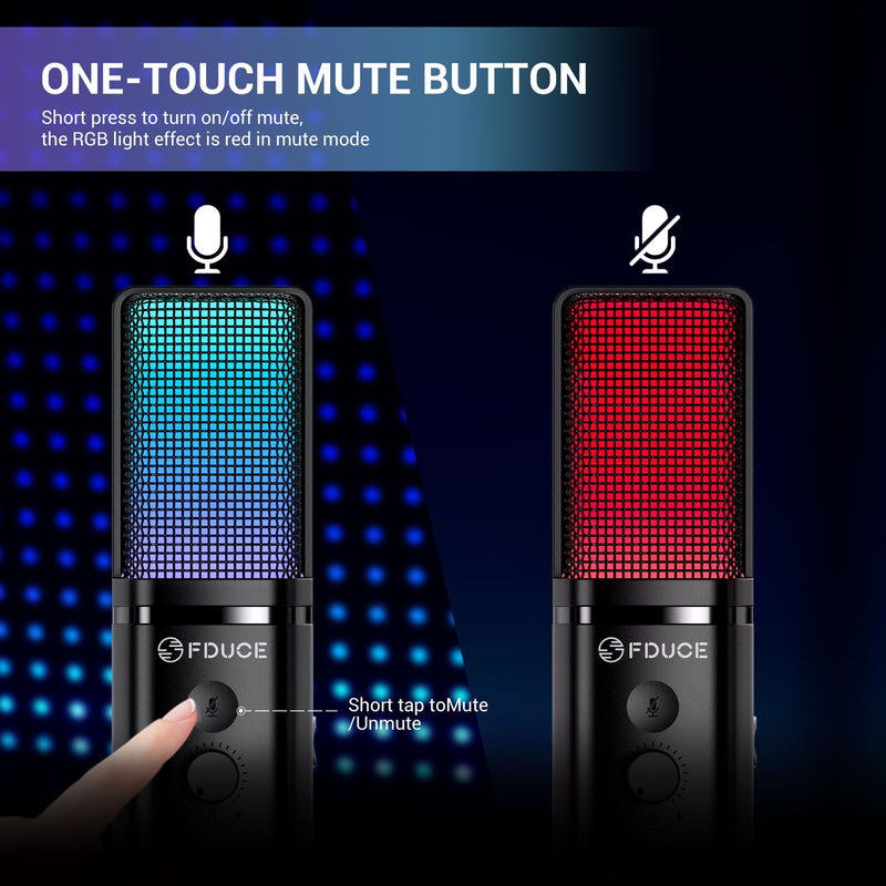 FDUCE M160 Gaming USB Microphone,RGB Condenser Microphone with Tripod,Volume Adjustment and Mute Button Function,Compatible with PC,Laptop,for Gaming,Podcasting,Streaming,YouTube RGB