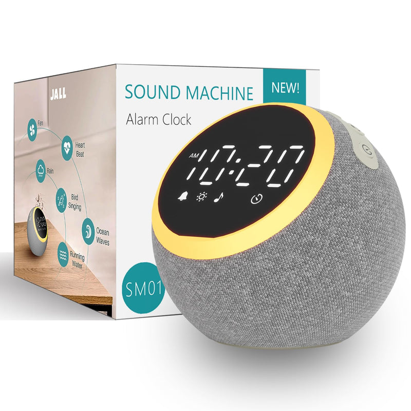 Sound Machine White Noise Machine with 25 Soothing Sounds, 5W Stereo Speaker, Dimmable Alarm Clock for Bedroom with Night Light, 1 Alarm, Sleep Timer, Ideal Gift for Baby, Kids, Adults, Seniors, Grey