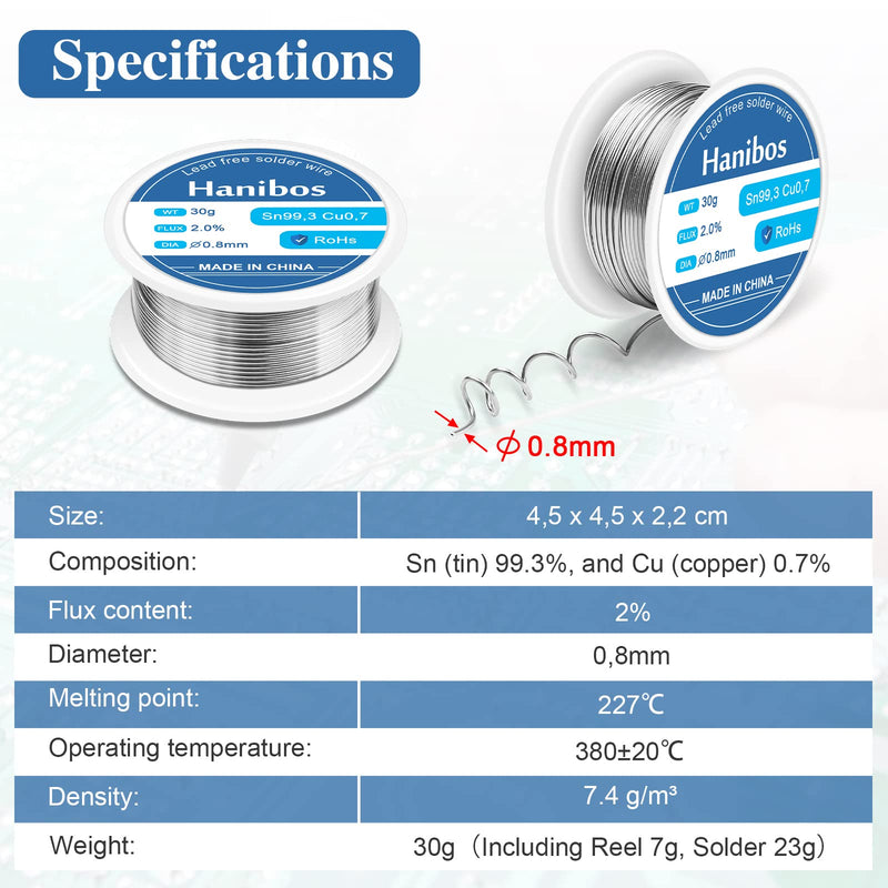 Solder 0.8 mm, Hanibos solder with flux Sn99.3 Cu0.7 soldering wire with rosin core for electric soldering and DIY (approx. 30g) 30g-0.8mm