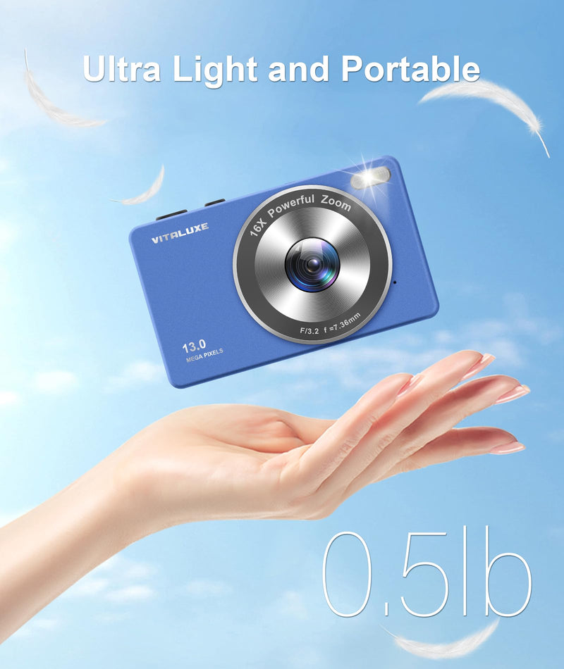 4K Digital Camera, VITALUXE FHD Kids Camera, Real 13MP 16x Zoom Autofocus, 2.83'' LCD Screen, Long Lasting, Compact Small Vintage Camera with 32G Card, Best Gift for Kids, Teens, Girl, Boy, Beginnger Blue