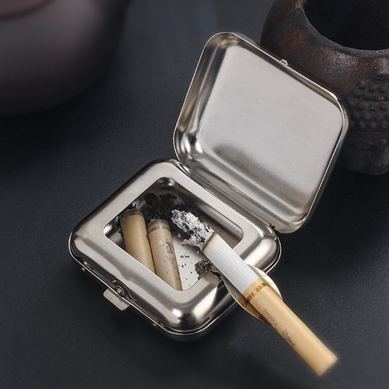 Portable Ashtray, VOVCIG Pocket Ashtray Windproof Ashtray with Lid Stainless Steel Car Ash Tray for Car Outdoor Cigars (Silvery) Silvery