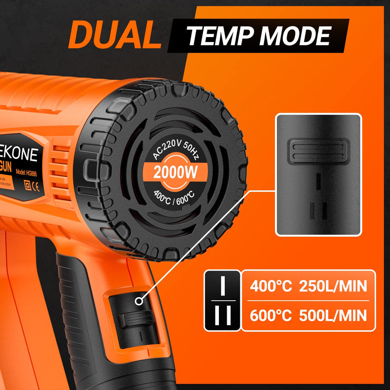SEEKONE hot air gun, 2000W hot air dryer (400℃/600℃) high performance with 2 temperature settings, non-slip handle, flame retardant protective cover, 4 nozzles for removing paint, soldering pipes