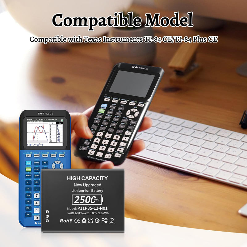 SHENMZ TI 84 Plus CE Battery, (2024 New Upgraded) 2500mAh Higher Capacity 0 Cycle Replacement Battery for Texas Instruments TI-84 CE TI-84 Plus CE, fits Part No 3.7L12005SPA P11P35-11-N01