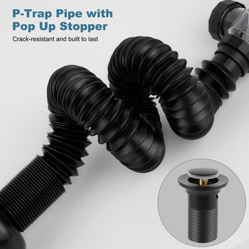 iFealClear Bathroom Sink Drain Kit, Flexible P-Trap Drain Pipe with Pop Up Stopper, Expandable Bathroom Sink Pipe Replacement with 2 Adapters, Fits 1-1/4'', 1-1/2'', 2" Holes, Hair Catcher, Black Matte Black Modern