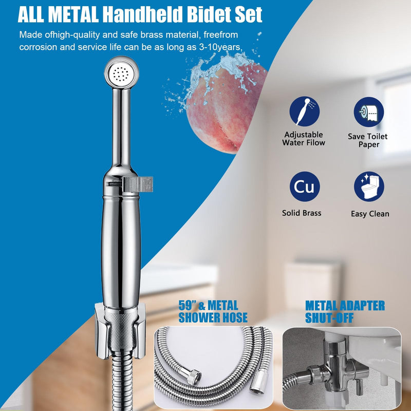 SonTiy Handheld Bidet Sprayer for Toilet, Cloth Diaper Sprayer Set Hand Held Bidet Jet Spray for Toilet with Backflow Preventer, Adjustable Water Pressure Control, Brass 7.2" Hand Bidet Wand, Chrome ‎Polished Chrome
