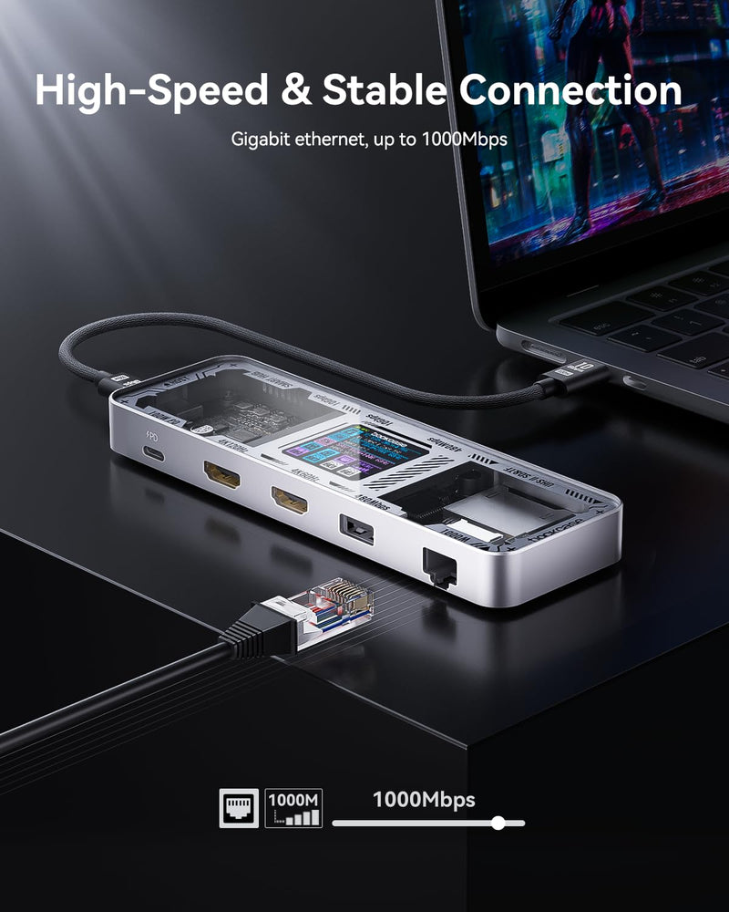 DOCKCASE Explorer Edition 10-in-1 USB C Hub, Dual 4K HDMI Docking Station for 2 Monitor, Gigabit Ethernet,1 USB-C and 3 USB-A Ports,100w PD, UHS-II TF/SD Card Reader for MacBook Pro, XPS, and More Silver
