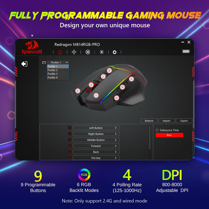 Redragon Wireless Gaming Mouse, Tri-Mode 2.4G/USB-C/Bluetooth Ergonomic Mouse Gaming, 8000 DPI, RGB Backlit, Fully Programmable, Rechargeable Wireless Computer Mouse for Laptop PC Mac, M814 M814-PRO