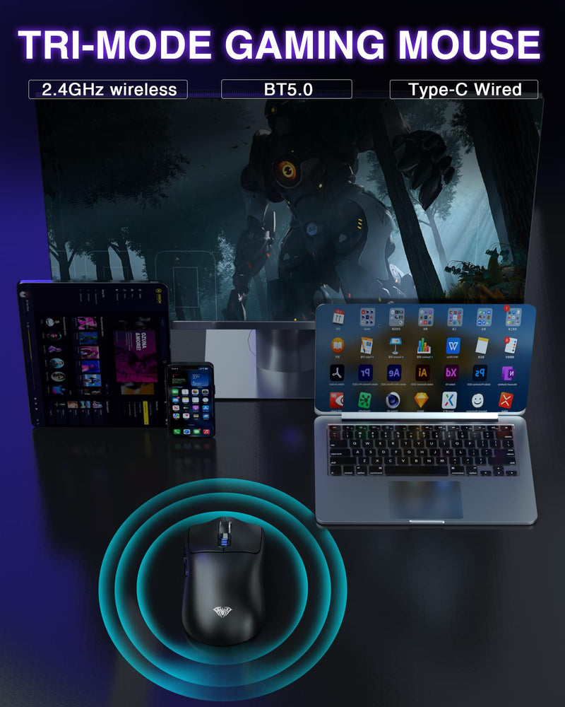 AULA SC580 Wireless Gaming Mouse, Tri-Mode 2.4G/BT5.0/USB-C Gaming Mouse, 10000 DPI Rechargeable Wireless Mouse with 6 Programmable Buttons, Ergonomic Computer Mouse for Laptop/PC/Mac/Tablet Black