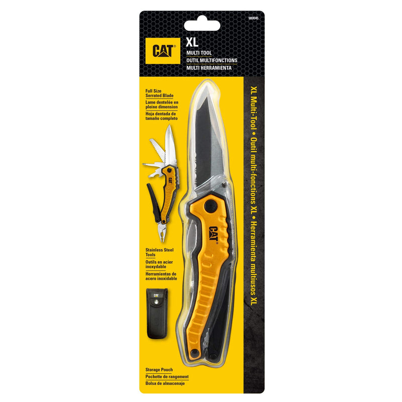 Caterpillar Multi Function Tool 9-in-1, X-Large, Long Nose Pliers, Wire Cutter, Knife, Bottle Opener, Screwdriver, Saw Blade, with Pouch - Yellow 980045 One Size