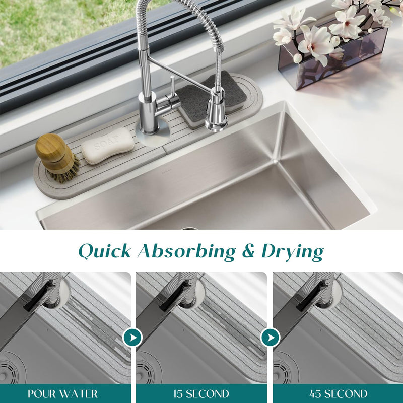 eormoe Diatomite Sink Splash Guard - DryingNeat Kitchen Faucet Mat, Instant Dry Water Absorbing Stone Tray for Sink, Durable Protector for Kitchen Bathroom Counter [Light Grey, 17.7" x 3.9"] Light Grey 17.7" x 3.9"
