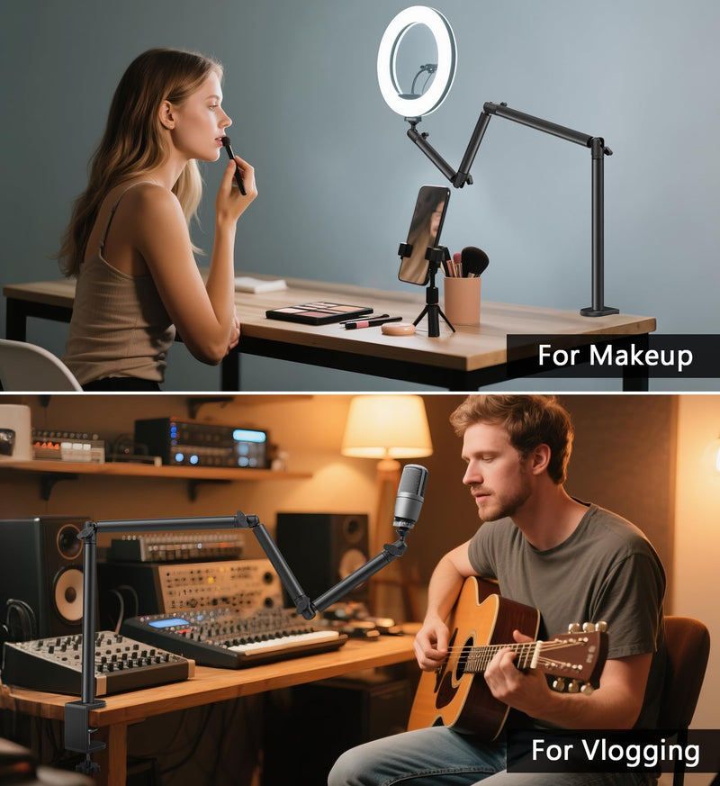 Overhead Camera Mount Desk Stand, Flexible Overhead Camera Mount with 3/8'' 5/8'' Screw, C Clamp Tabletop Stand for Podcasting/Ring Light/Blue Yeti Nano/Webcam/Photography Live Stream Auxiliary Stand