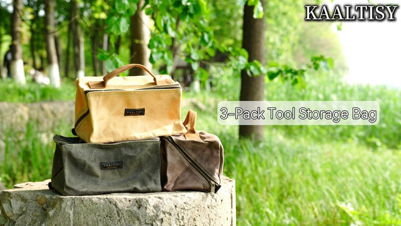 Heavy Duty Tool Storage Organizer, Tool Pouch with Metal Zipper + Handle, 16 OZ Waxed Canvas Tool Bag | 3-Pack | 9.5"L x 5.5"W x 5.5"H (Closed) - Grey 3-Piece