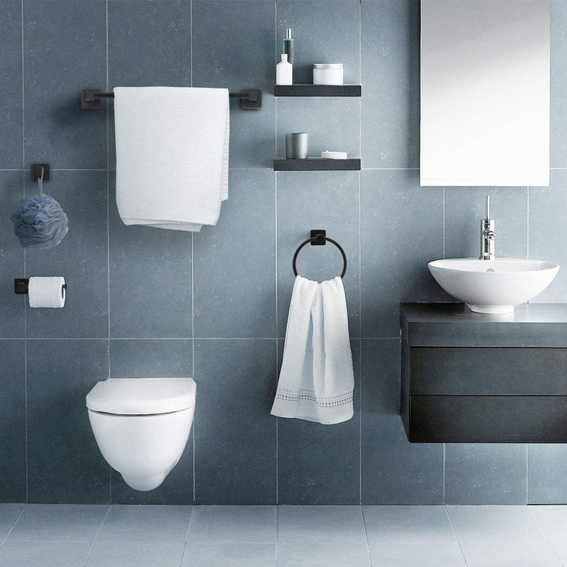 Matte Black Bathroom Hardware Set 4 Pieces,Towel Bar Set Includes 17In Hand Towel Bar, Towel Ring, Robe Towel Hooks,Toilet Paper Holder, Bathroom Towel Rack Set Matte Black