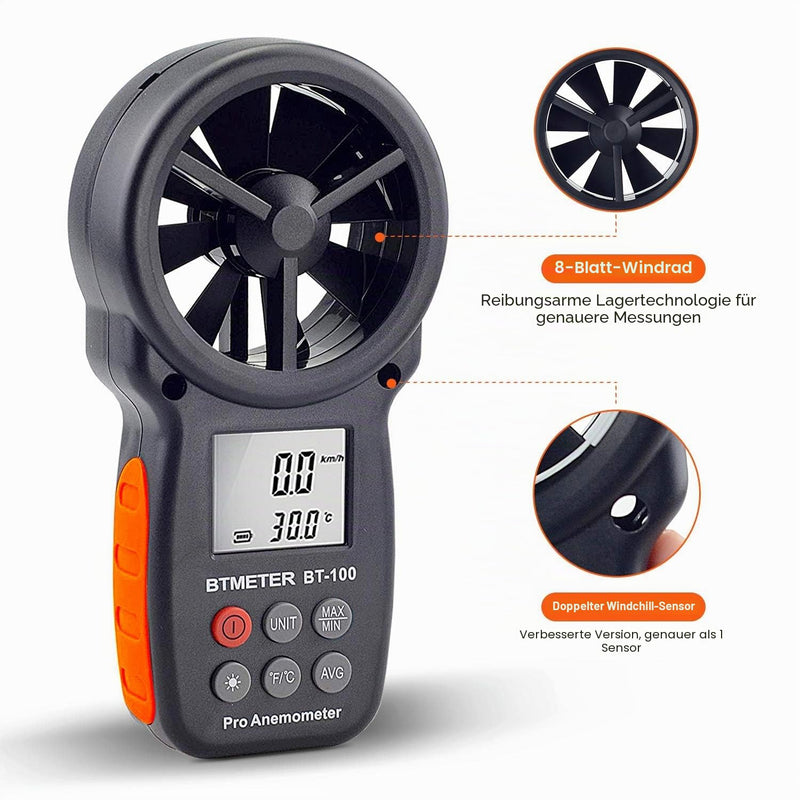 BTMETER BT-100 Wind Gauge, Digital Anemometer with Temperature (℃/℉), 5 Units for HVAC Ventilation, Drone Flight Shooting, Surfing