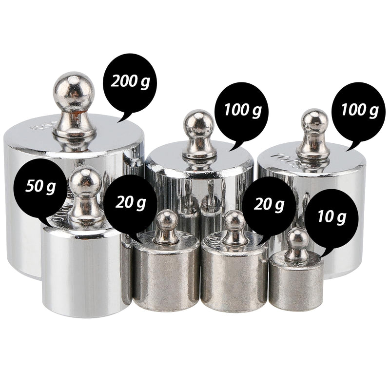 CHEUKYIU 7 pieces stainless steel calibration weights set 500g, 1 x 200g, 2 x 100g, 1 x 50g, 2 x 20g, 1 x 10g calibration weight set, with calibration weight tweezers for digital scales, laboratory, hobby
