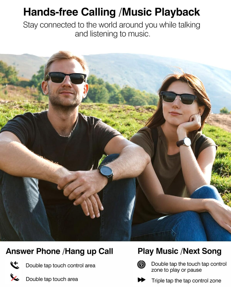 Smart Glasses, Bluetooth Sunglasses for Men Women- Blue Light Filter & UV Protection Sunglasses Lenses with Bluetooth Speakers, Touch&Voice control, Open Ear Music & HD Calling (Black Silver)