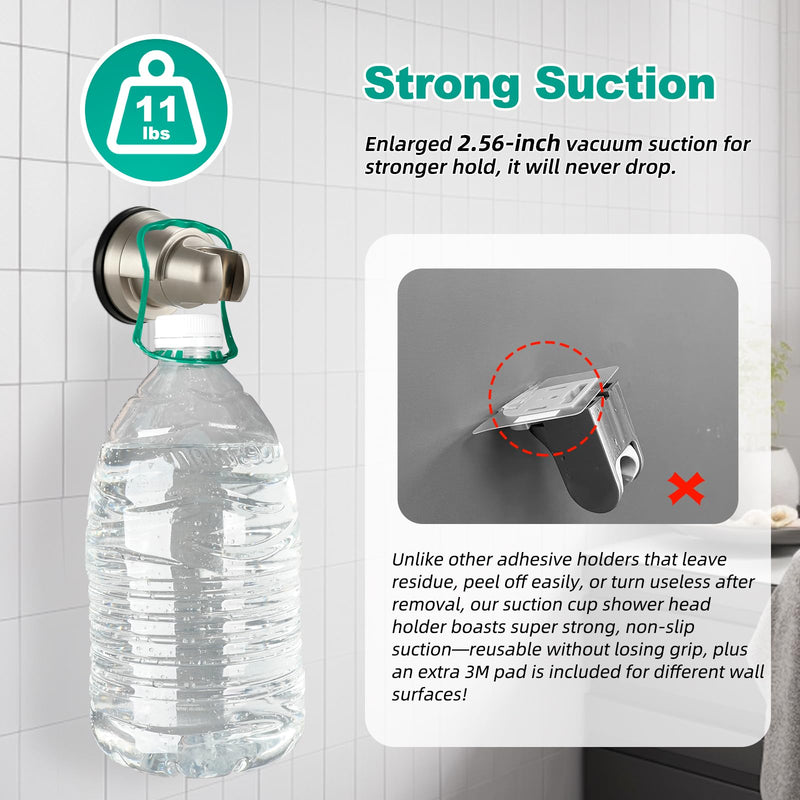 2 Pack Vacuum Suction Cup Shower Head Holder, Removable Shower Head Bracket, Height Adjustable Wall Mount ABS Plastic Suction Holder for Handheld Showerhead, Brushed Nickel 2 Brushed Nickel Finish