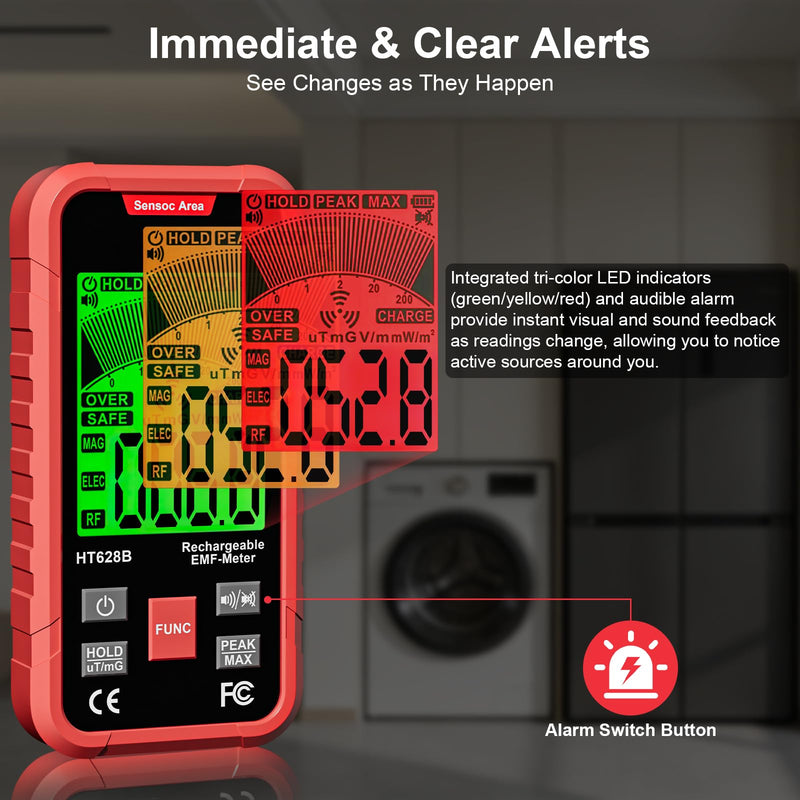 3-in-1 EMF Meter & Detector, Portable Rechargeable RF EF MF Tester with Sound & Light Alarm, for Home WiFi Signal & Electronics