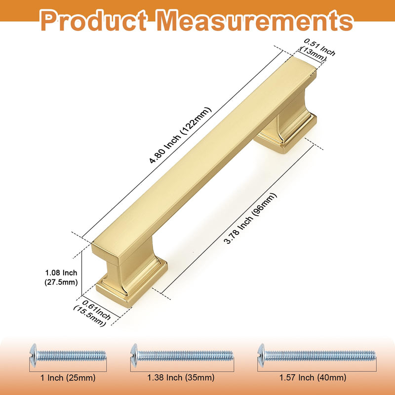 Probrico 10 Pack 3 3/4 Inch Gold Cabinet Handles, Elegant 96mm Brushed Gold Cabinet Pulls for Kitchen & Bathroom, Heavy-Duty Drawer Handles for Dresser Hardware 3.75 inch hole center