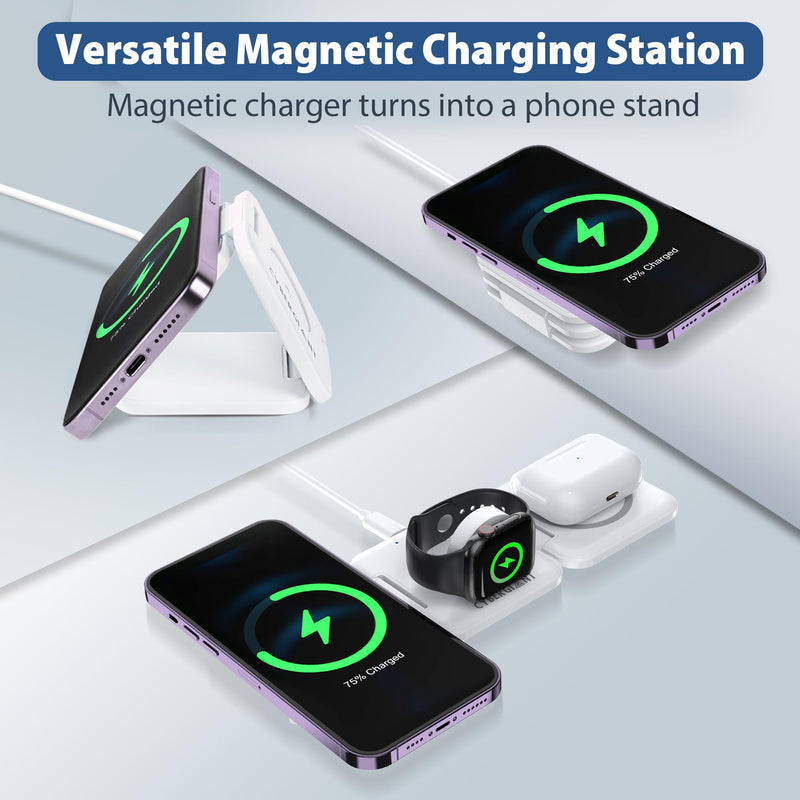 3 in 1 Wireless Charging Station for Apple Devices - Portable Foldable Magnetic Charger Stand for iPhone Airpods Apple Watch iWatch, Travel Charger for Multiple Devices w/Adaptor&Case