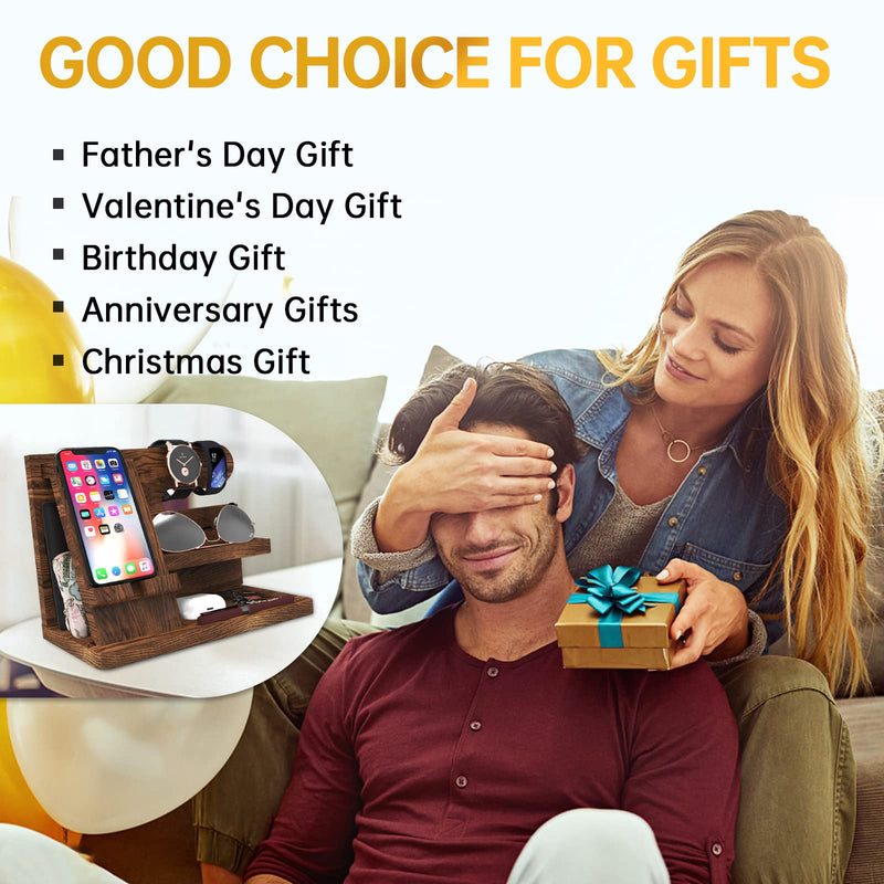 Birthday Gifts for Men Wooden Phone Docking Station Organizer Dad Birthday Nightstand Organizer Desk Wood Gifts Valentines Day Gifts brown