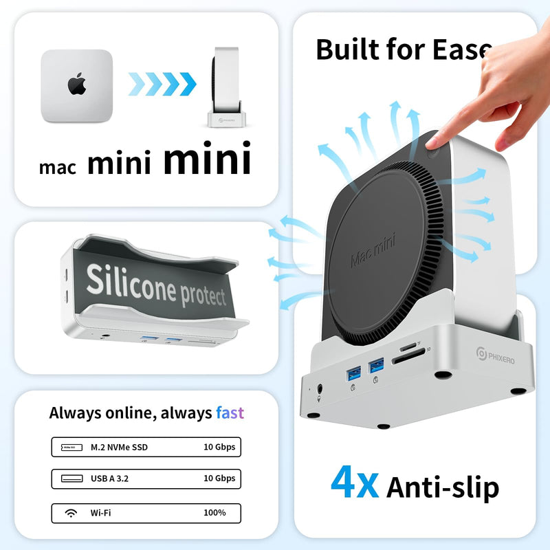 Phixero M4 Mac mini Dock with NVMe SSD Enclosure, 6-in-1 Aluminum Stand hub, 10Gbps USB-A, SD/TF Reader, Space-Saving Design. Single Dock