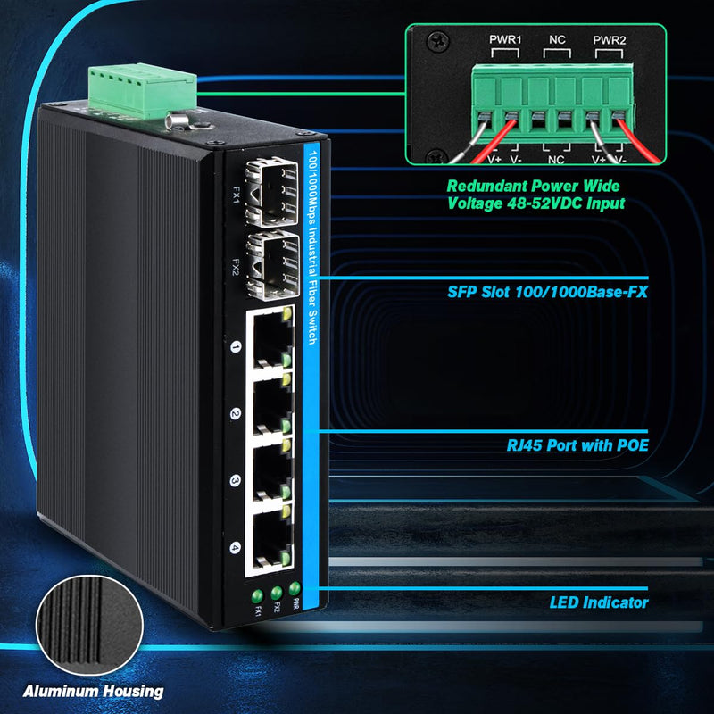 6-Port Hardened Industrial Gigabit PoE+ DIN-Rail Fiber Network Switch 4 x Gigabit PoE+ Ports 2 x 1.25G SFP Fiber Ports 120W for Outdoor Use 4 Gigabit POE(30W)