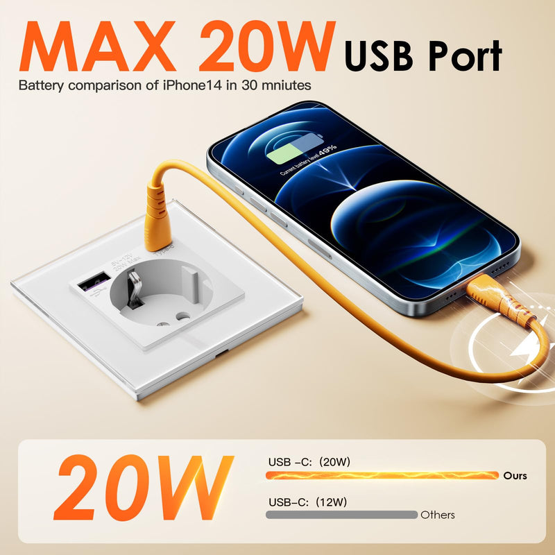 BSEED Schuko Socket with USB C 20 W Quick Charger USB Type C Wall Socket with Glass Panel, 2-Way Socket, USB Socket Flush-Mounted, Built-in Socket, Suitable for Phone, Pad, MP3 and More, White 2 outlets