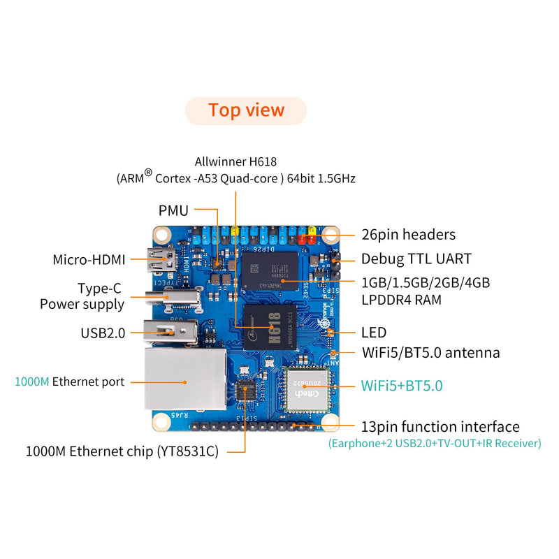 Orange Pi Zero 3 2GB LPDDR4 Allwinner H618 Quad-Core 64 Bit Single Board Computer with 16MB SPI Flash,Support WiFi and BT5.0, Development Board Computer Run Android 12 TV/Ubuntu(Zero3 2G+Power Supply) 2GB+Power Supply
