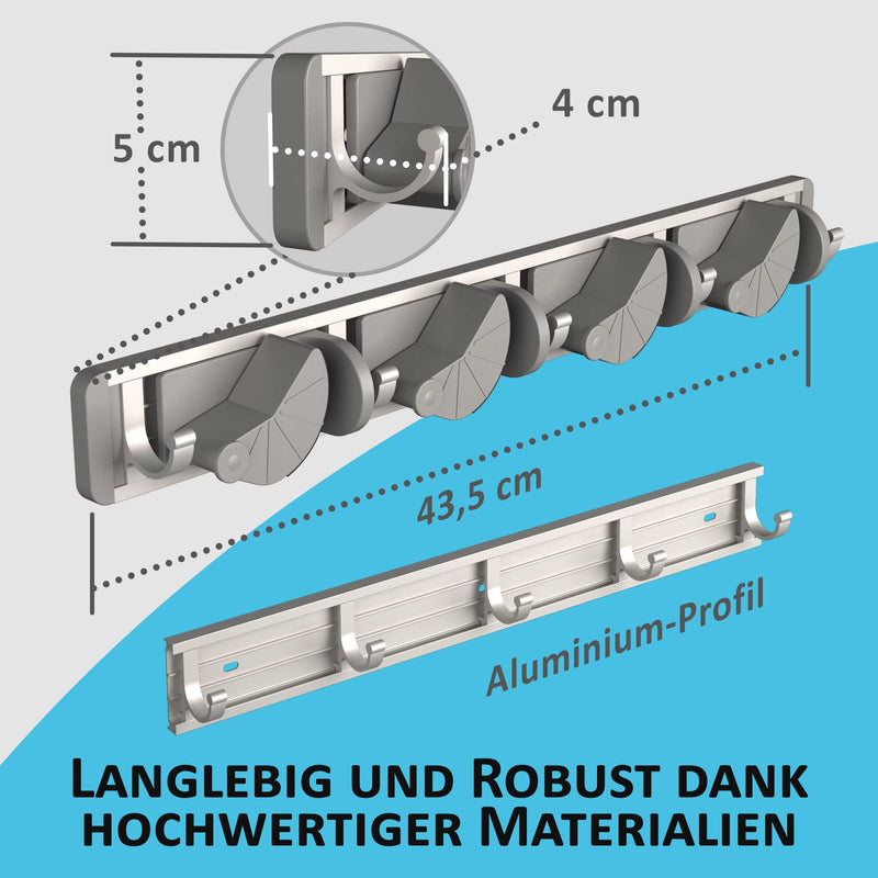 Space-saving tool holder for the wall - aluminum profile with 4 individually positionable brackets and 5 hooks [for brooms, garden tools, tools] - ideal in garage, workshop and garden 1