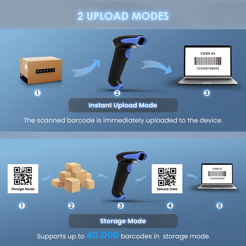Eyoyo 2D Bluetooth Barcode Scanner Wireless, 2500mAh Handheld Cordless USB Wired QR Bar Code Reader for Library, Warehouse Inventory Compatible with iPad, Android Phone, iPhone, Laptop Light Blue