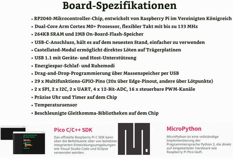 Waveshare RP2040-Zero Board with Pin Header, Based on Raspberry Pi MCU RP2040, Dual-Core Arm Cortex M0+ Processor, Flexible Clock with up to 133 MHz, Onboard 2 MB Flash, USB-C Connection RP2040-Zero with Pinheader