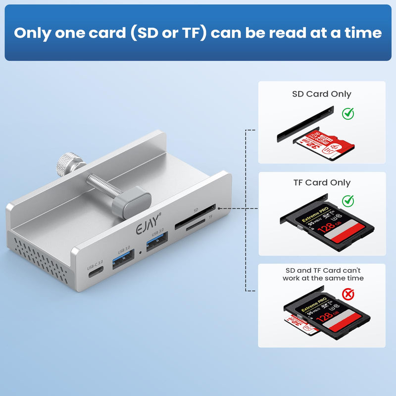 EJAY 5-Port USB 3.0 Hub with Card Reader & Clamp Aluminum Desktop Docking Station with 5Gbps Speed for PC Mac Laptop, 59inches Data and 39inches Power Cable Silver