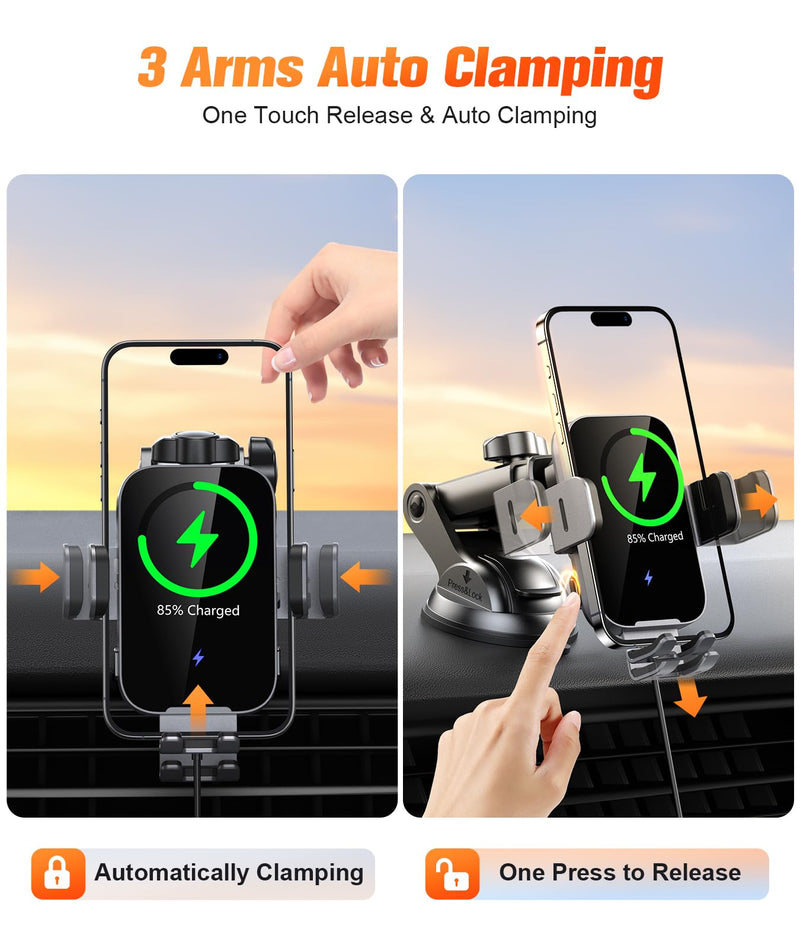Wireless Car Charger Mount Auto Clamping, 15W Fast Charging Car Phone Holder Charger for Dash Windshield Vent Compatible with iPhone 15 14 13 12 Pro Max, Samsung Galaxy S24+ S23 Ultra S22 S21+