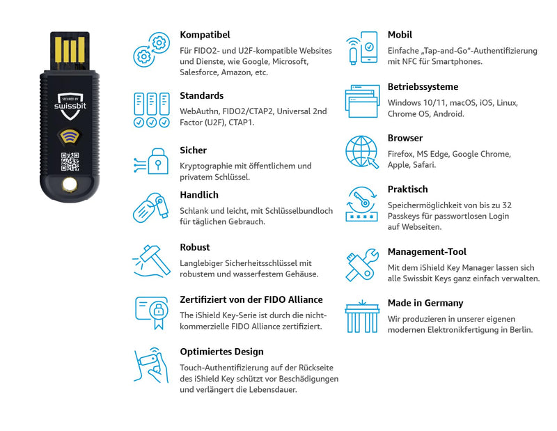 Swissbit - iShield Key Pro Security Key, Hardware Authenticator, USB and NFC Connection, FIDO2 Certified, U2F, HOTP, TOTP, PIV, 2FA, Black, (1pc) (iShield Key Pro USB-A/NFC) SNU20000D1PBAN0-E-01-110-SBB