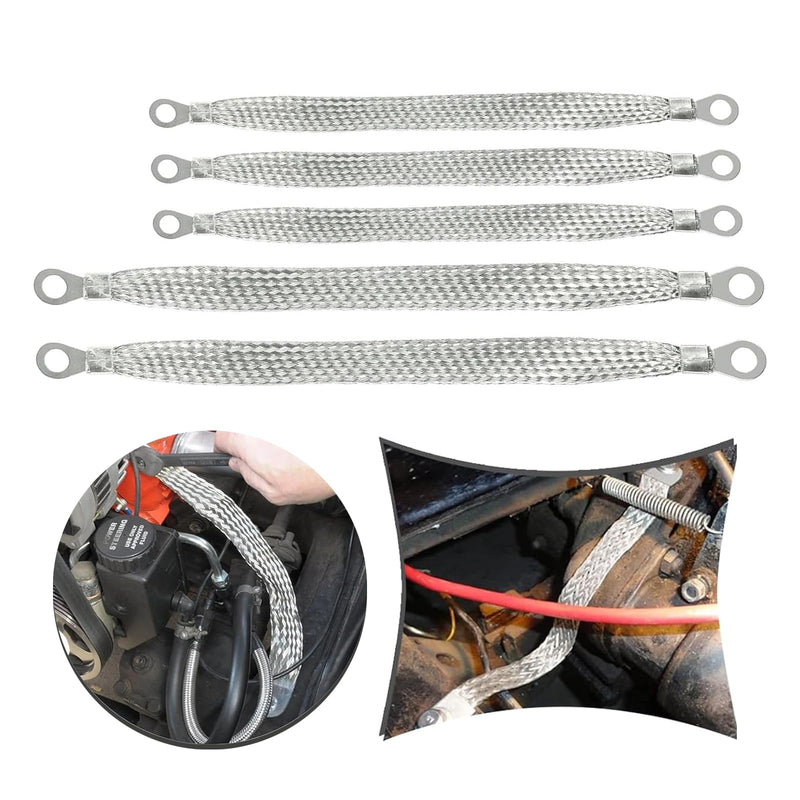 Pack-5 Car Ground Strap Kit, 10In 13In 220V Metal Flat Braided Vehicle Ground Straps Accessories, Durable Automotive Engine Ignition Coil Ground Strap, Universal for Trucks SUVs Cars (Silver)