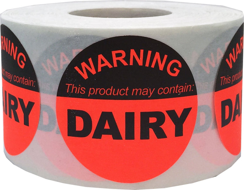 Food Allergy Warning Labels – This Product May Contain Dairy, 1.5 Inch Round Adhesive Stickers, 500 Total Labels Per Roll for Restaurants, Catering, Food Packaging, and Retail – Made in the USA