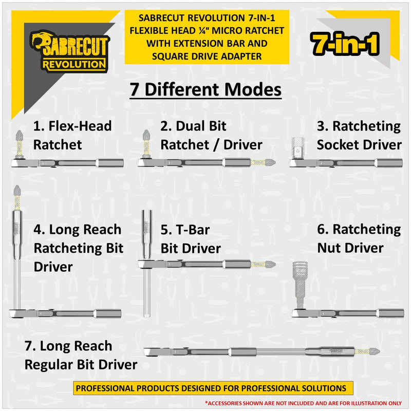 1 x SabreCut MRSC07 7-in-1 Flex Head 6.3mm 1/4" HEX Magnetic Mini Micro Ratchet with Extension Bar and 1/4" Square Drive Socket Adapter Stainless Steel Professional 60 Tooth Gear Hand Ratchet Wrench