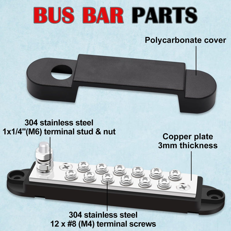 150A 12V Bus Bar Marine 1/4" Power Distribution Block, Battery Busbar, Automotive Busbar Terminal Block for Car and Boat, 1 x 1/4" (M6) Post, 12 x #8 (M4) Screws Terminals (Black) Black