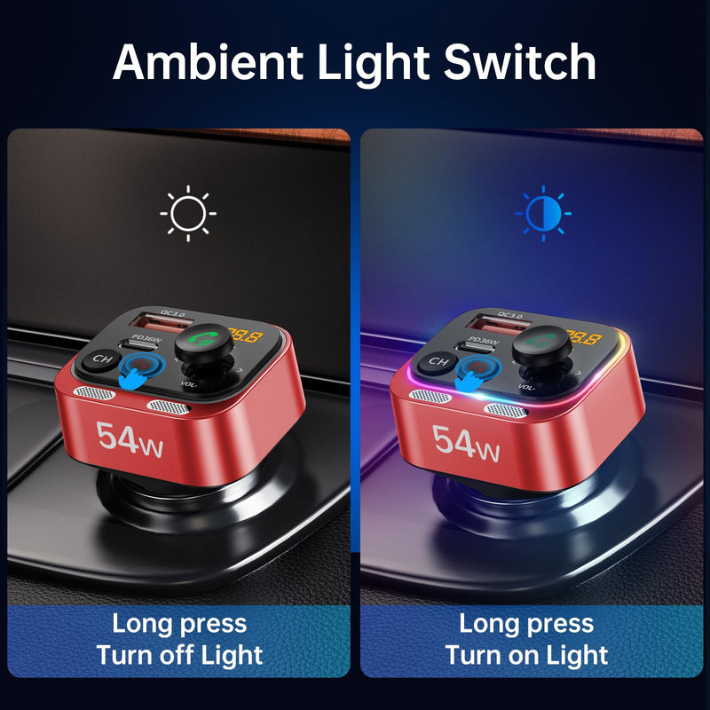 Syncwire Bluetooth 5.4 FM Transmitter Car Adapter 54W (PD 36W & 18W) [Stronger Dual Mics] [Light Switch] [HiFi Bass Sound] [Fast Charging] Wireless Radio Receiver Hands-Free Calling LED Display, Red