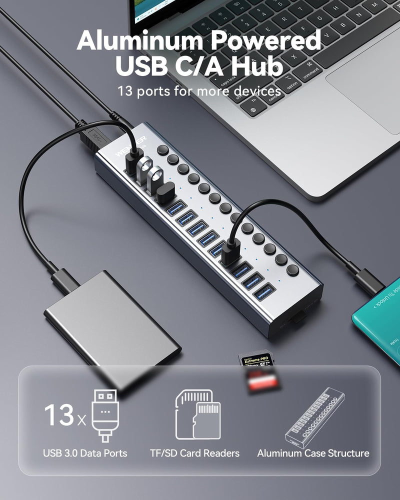 Powered USB 3.0 Hub, Wenter 13 Ports Powered USB Hub with SD/TF Card Reader, Aluminum USB Splitter with Individual On/Off Switches, 12V/3A 36W Power Adapter for PC/Laptops Aluminum 13 Ports