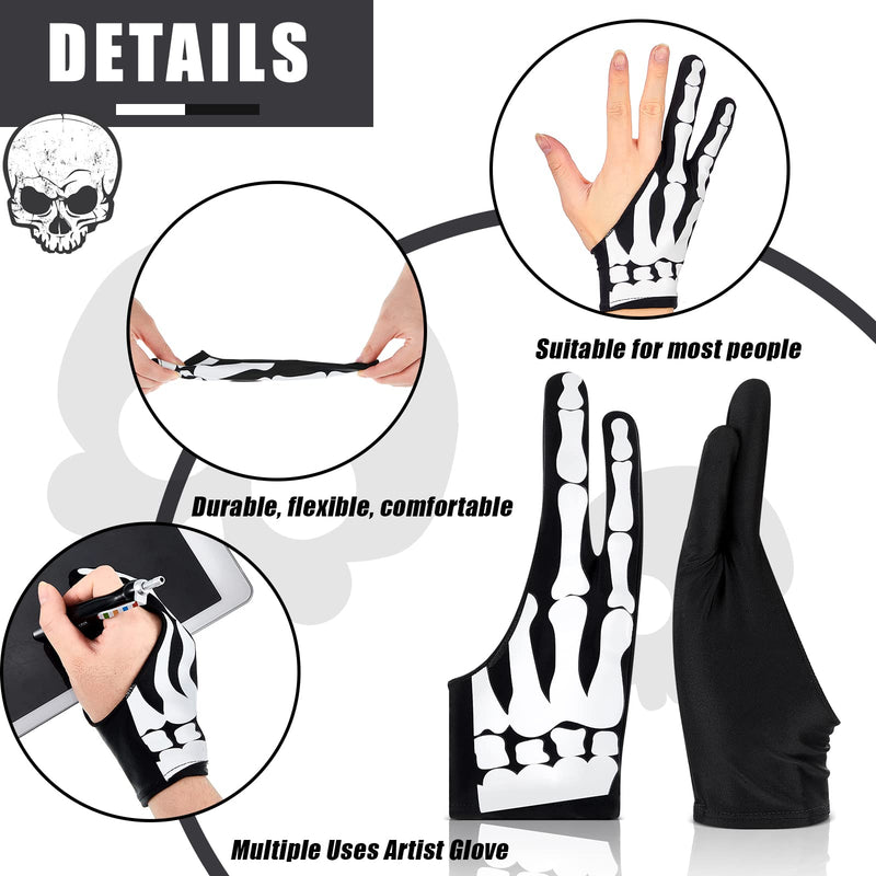 Jecery 2 Pieces Skeleton Artist Glove for Drawing Tablet Glove for Graphics with 2 Finger Digital Tablet Drawing Glove Palm Rejection Glove for Pad Painting Writing, Right Hand, 2.76 x 7.28 Inches